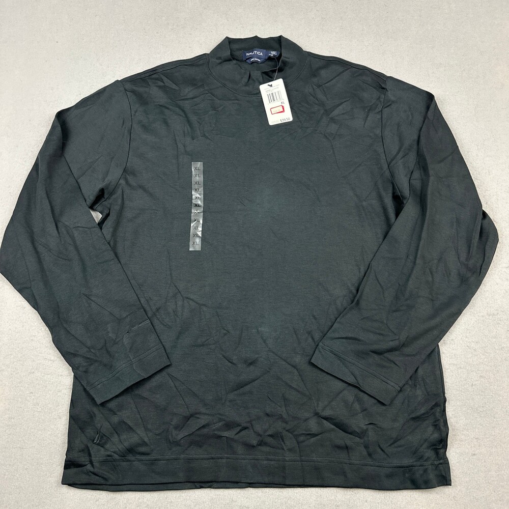 Nautica Shirt Men Extra Large Black Solid Long Sleeve Mock Neck Pullover Pima XL